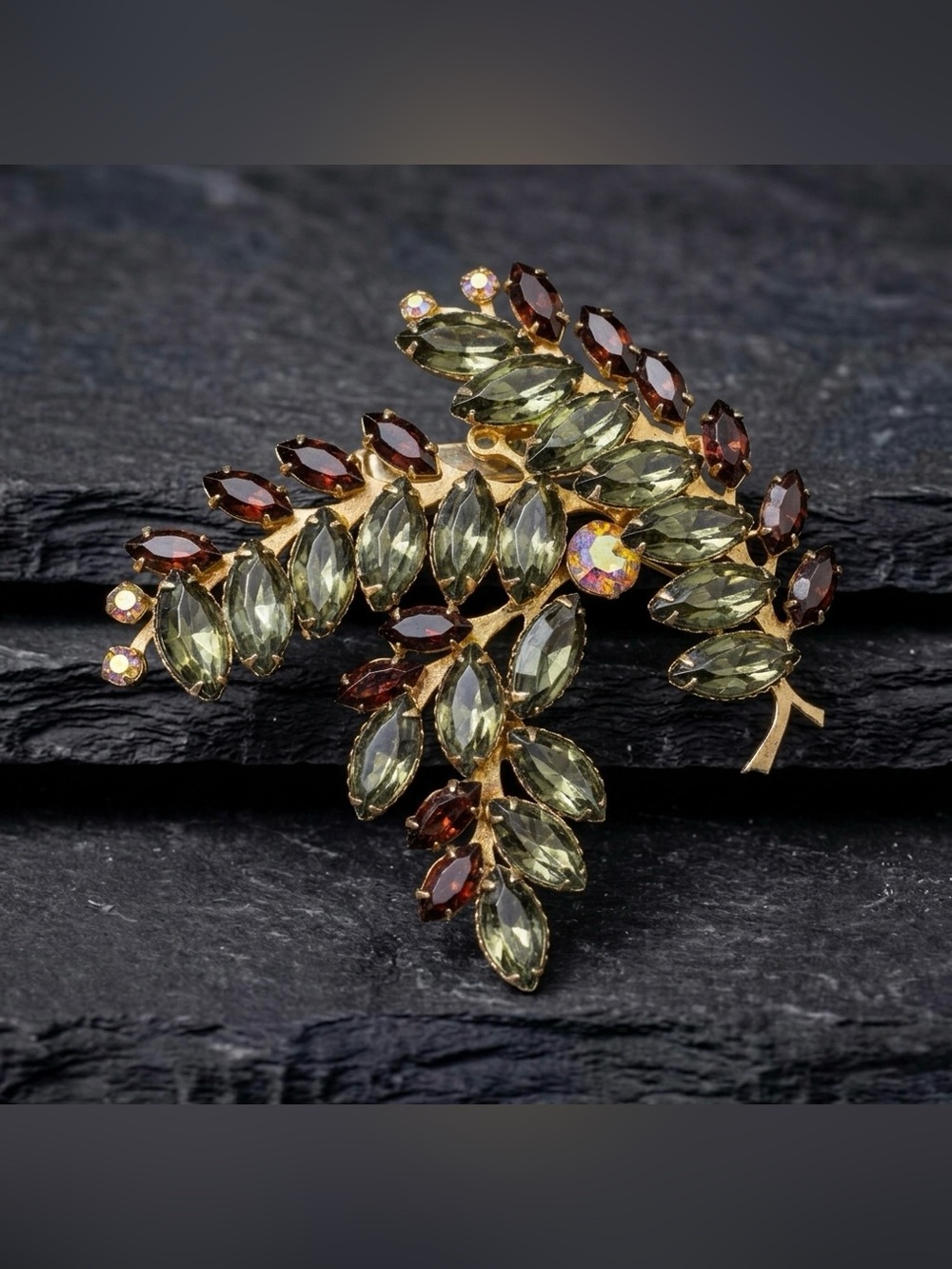 Vintage 50s Retro Amber Smoke Gray Marquise Rhinestone Leafy Spray Autumn Brooch